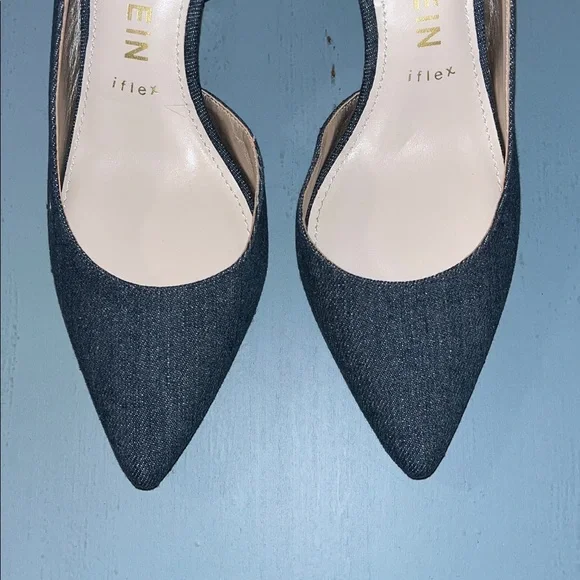 Anne Klein Iflex Women’s 8.5 Pointy Toe Denim Blue Cork Heels - Picture 6 of 10